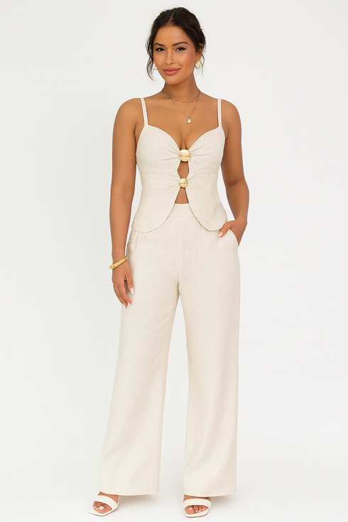 'Ari' Cutout Button Cami and Wide Leg Pants Set - Celes Fashion